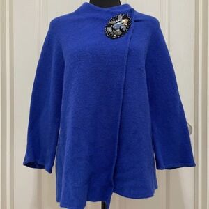 JM‎ Collection 100% Wool Knit Wrap Cardigan Sweater Blue Jewel Brooch Elegant PL